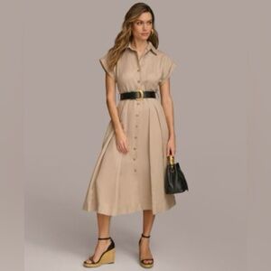 J. Crew utility shirt dress tan khaki gold button Midi Dress Belt flare neutral